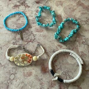 EUC~Lot Of 5 Various Stretch Beaded Bracelets: Teal/White & Adjustable Floral 1